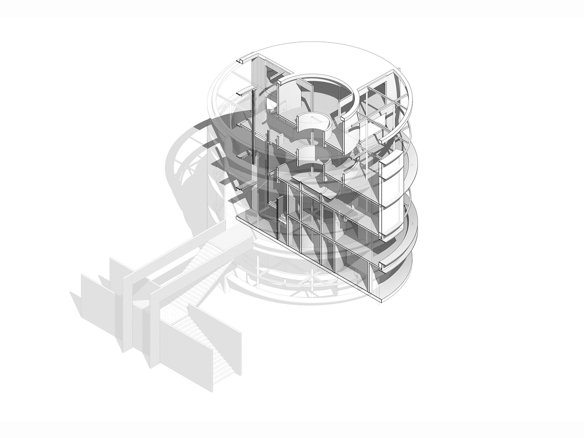 Cylinder House Axon SE Section BW_COMB